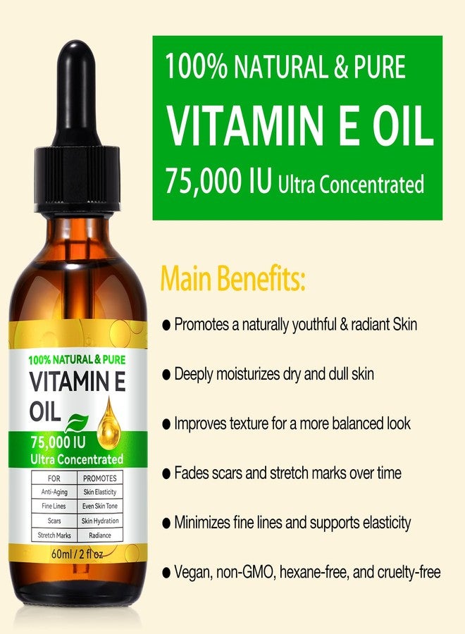 KITNOBLIS Vitamin E Oil for Skin - 75,000 IU | Vitamin E Oil for Scars, Stretch Marks, Wrinkles, 100% Natural d-Alpha Tocopherol for Face & Hair, Moisturizing Anti-Aging (60 ML) - Image 4